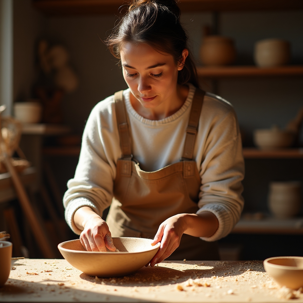 Handwerkerin schleift eine Holzschale in einer Werkstatt von Hand