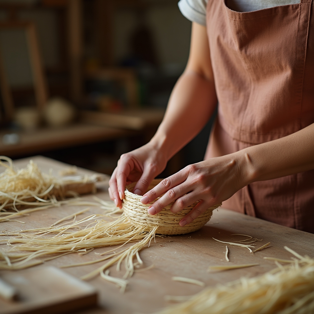 Handwerkerin beim Flechten eines Korbs aus Naturfasern