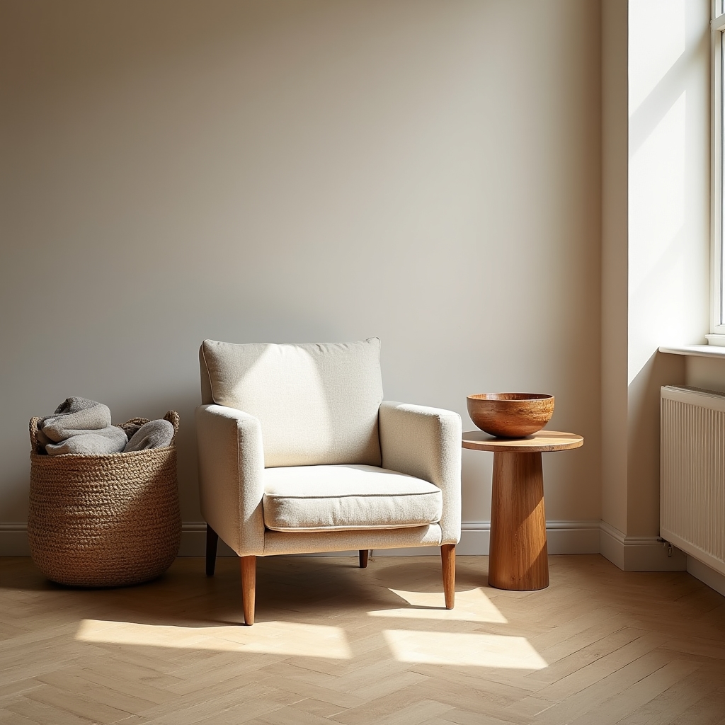 Wohnzimmer in warmen Naturtönen mit Körben, Holzmöbeln und Textilien