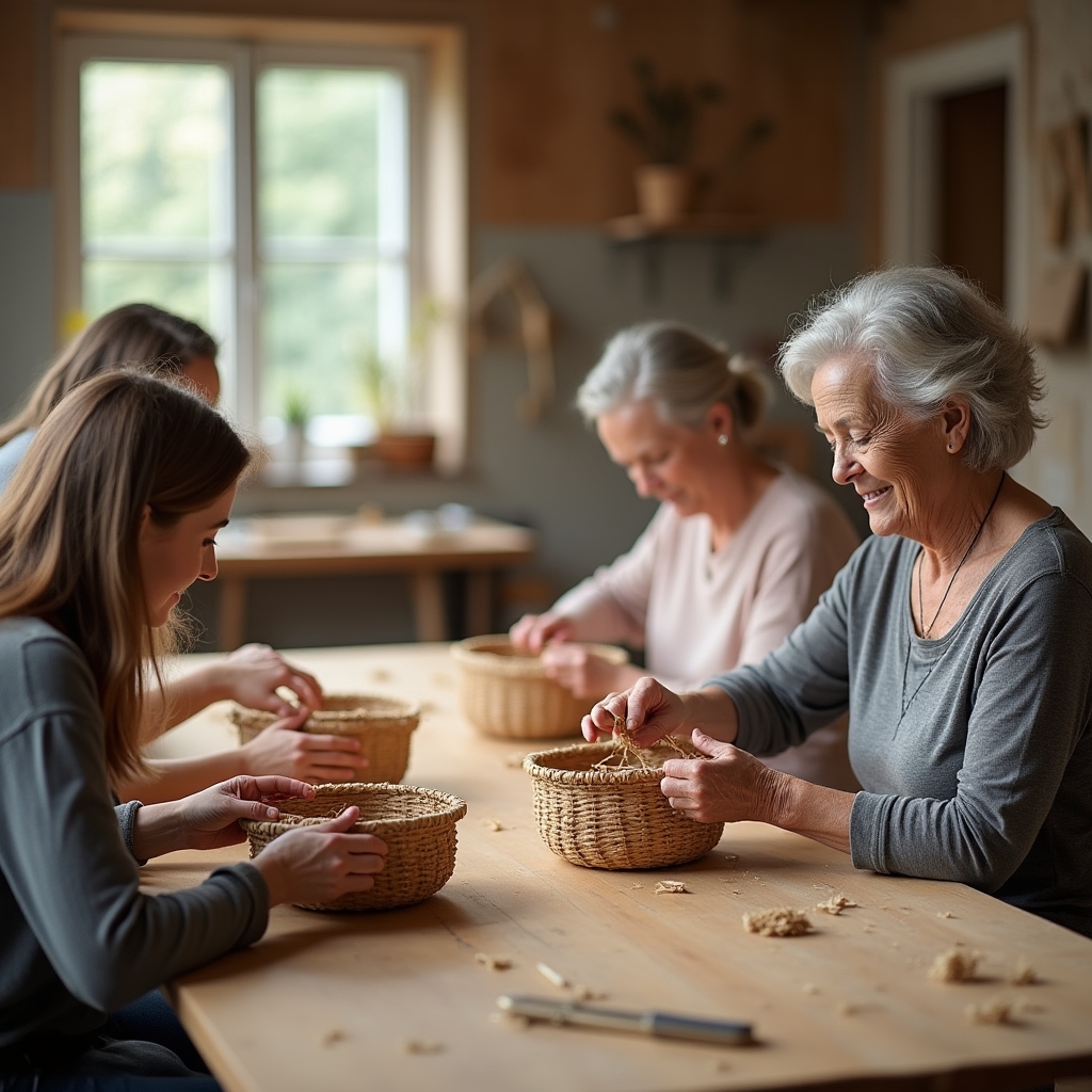 Gruppe von Teilnehmenden beim Flechten von Körben im Workshop-Studio